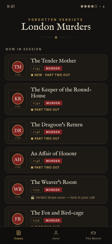 The Forgotten Verdicts app showing the case feed